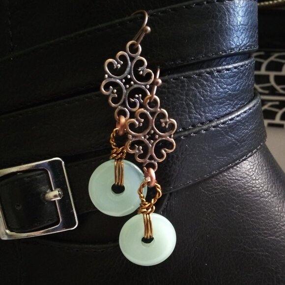 Green Aventurine & Copper Filigree Dangle Earrings - Picture 1 of 11